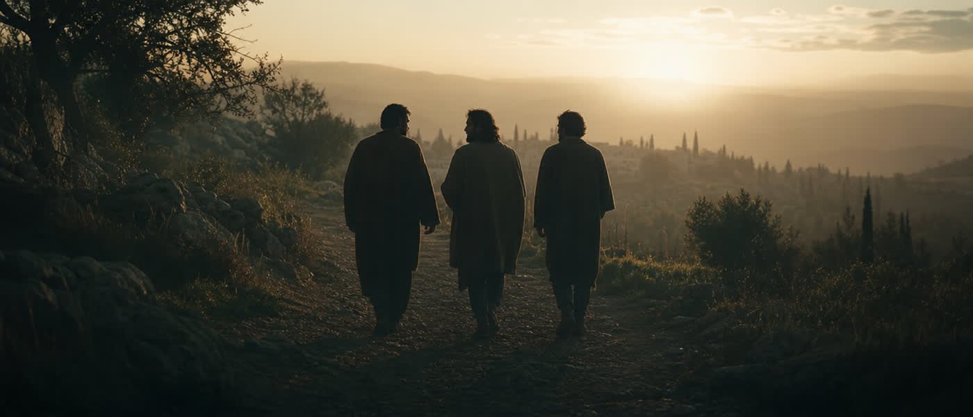 Trois marcheurs sur un chemin au crépuscule