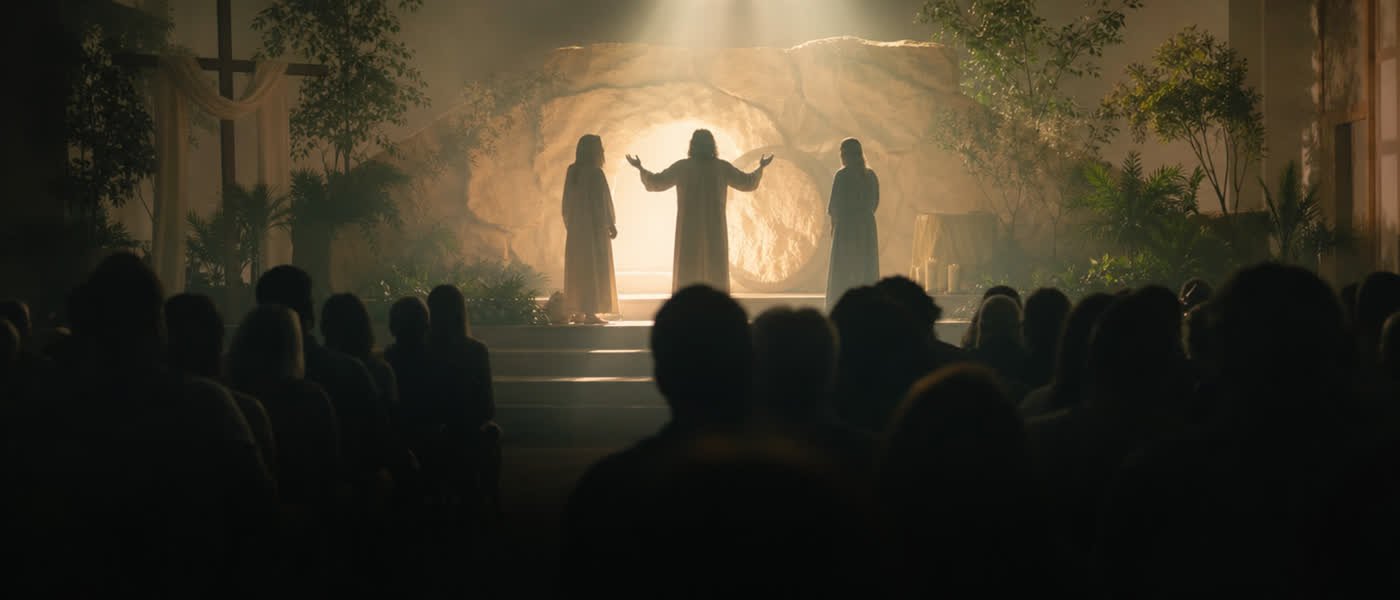 Spectacle à l’église — scène et assemblée